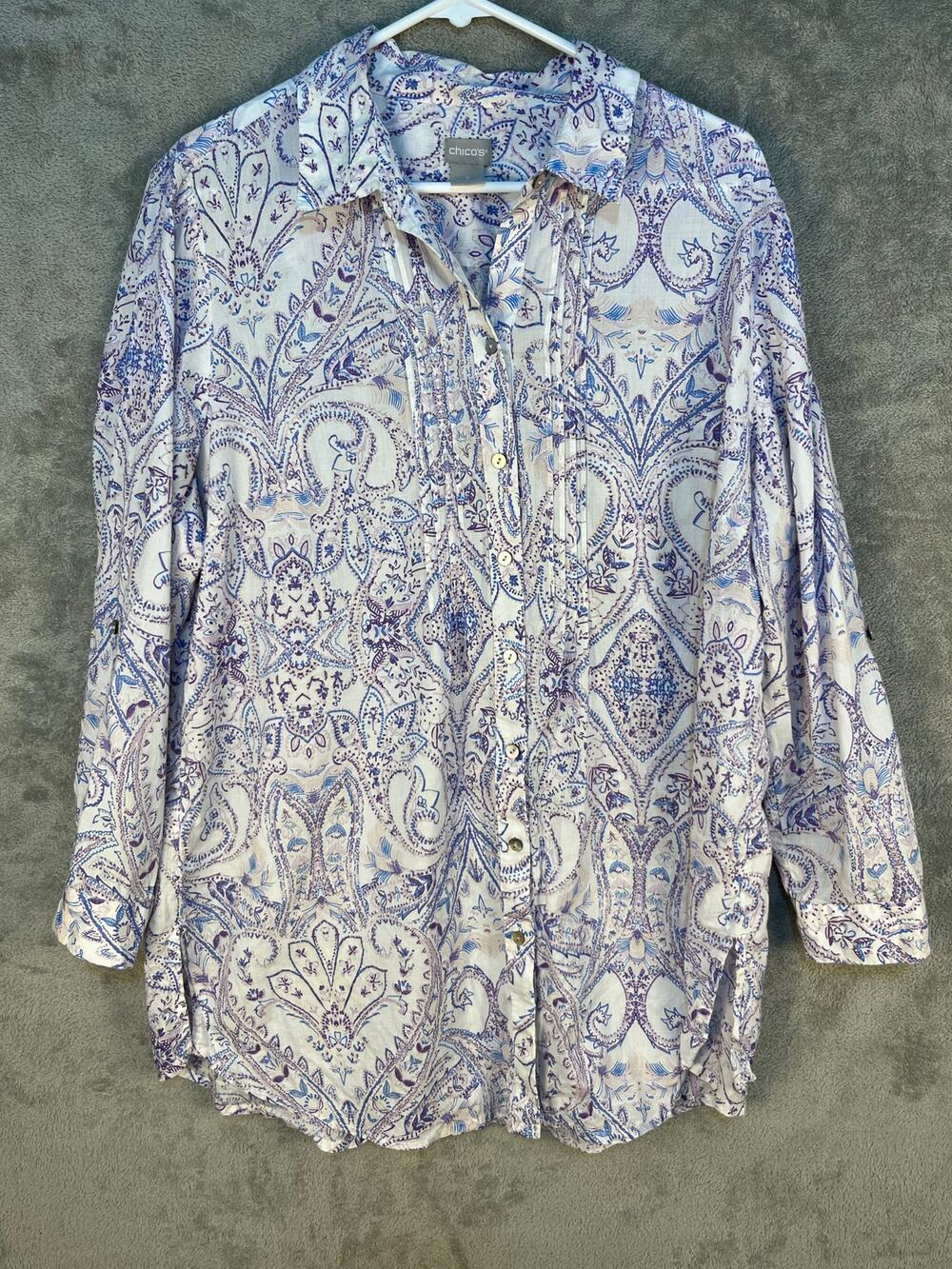 Chico's Button Down Tunic Blouse X-Large Pastel Purple Paisley Academia Boho